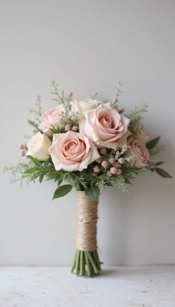 A close-up of a petite wedding bouquet featuring delicate pastel roses, greenery, and tiny blossoms, beautifully arranged in a rustic style with soft natural lighting.