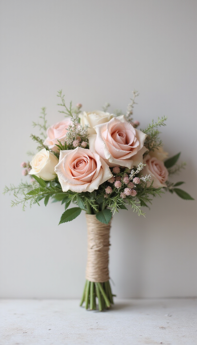 A close-up of a petite wedding bouquet featuring delicate pastel roses, greenery, and tiny blossoms, beautifully arranged in a rustic style with soft natural lighting.