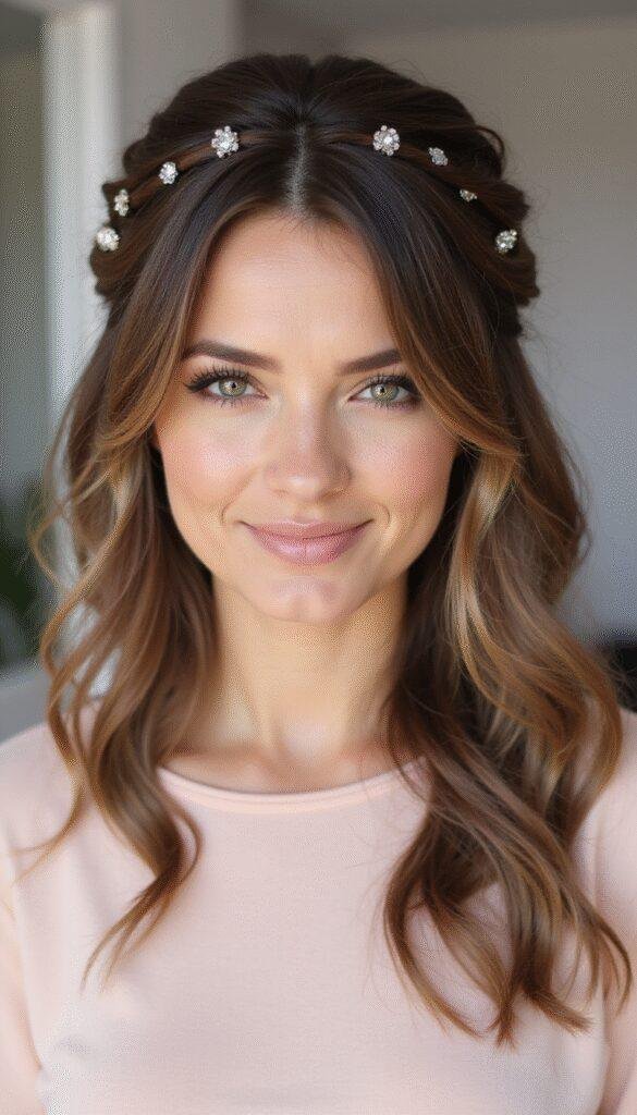 A high-resolution image showcasing a woman with a modern half-up half-down hairstyle featuring soft waves and a delicate hair accessory, set against a neutral pastel background. The hairstyle exudes elegance and trendy flair, highlighting the smooth blending of hair from the crown to flowing locks.