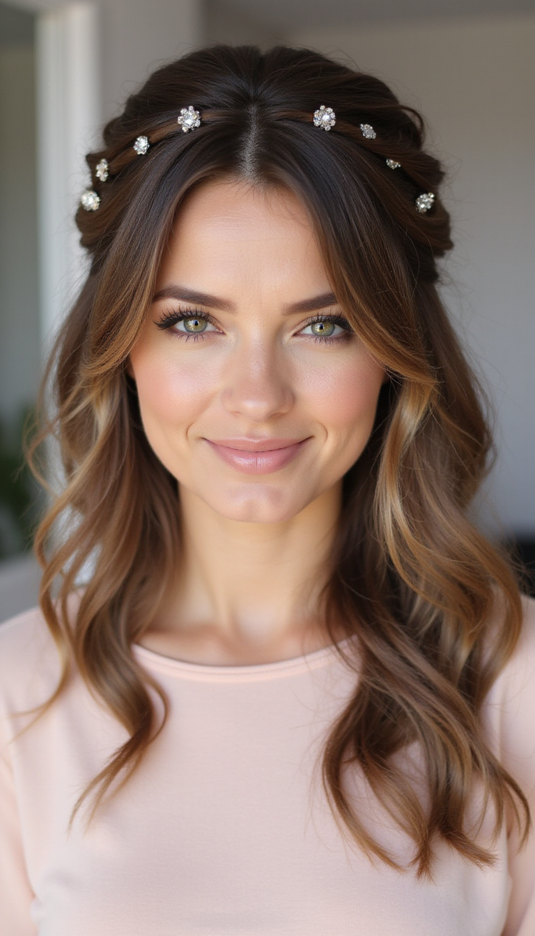 A high-resolution image showcasing a woman with a modern half-up half-down hairstyle featuring soft waves and a delicate hair accessory, set against a neutral pastel background. The hairstyle exudes elegance and trendy flair, highlighting the smooth blending of hair from the crown to flowing locks.