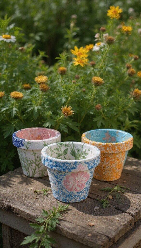 A vibrant outdoor scene featuring several terracotta garden pots painted in bright, intricate patterns, arranged on a rustic wooden table amidst lush greenery, sunlight casting warm shadows.