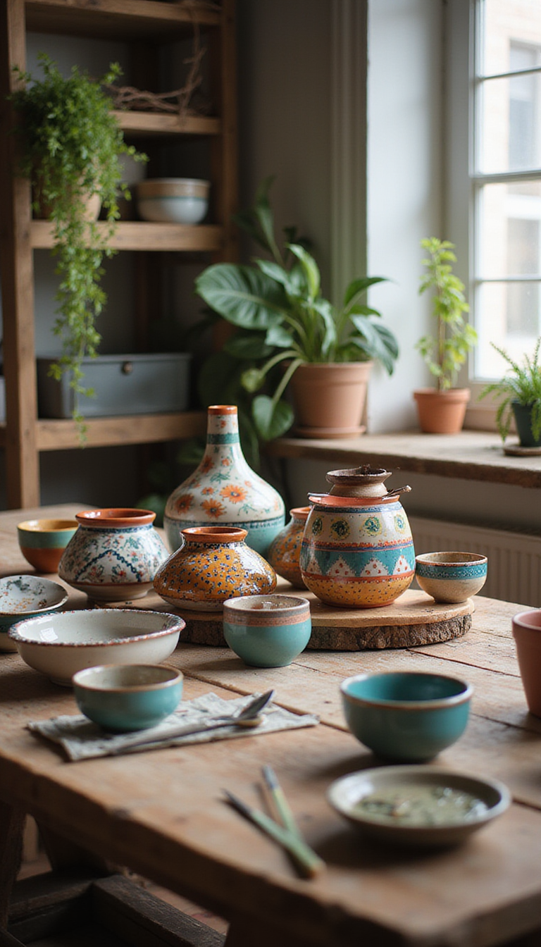 A vibrant image showcasing a variety of decorated ceramic pots on a rustic wooden table, each painted with colorful patterns and designs, with brushes and paint supplies scattered around. The scene is brightly lit, highlighting the artistic details and cheerful atmosphere of a creative indoor workspace.