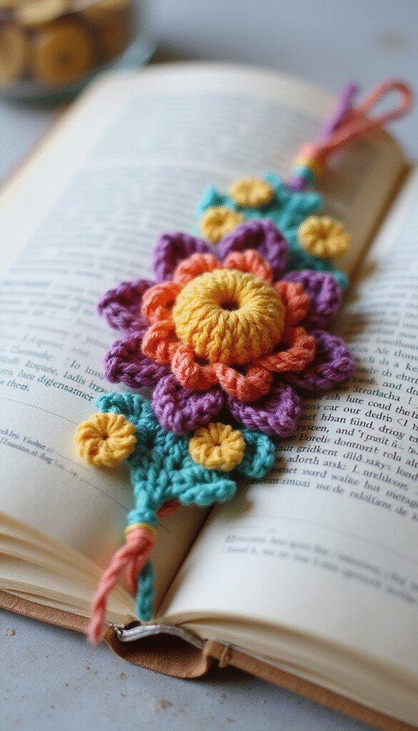 A close-up of a handmade crochet flower bookmark resting on an open book. The bookmark features vibrant pink, purple, and green yarn with intricate floral details, highlighting its delicate texture and colorful design, set against a soft, neutral background.