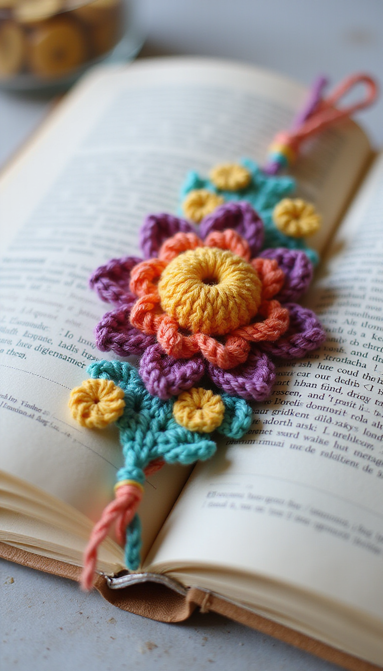 A close-up of a handmade crochet flower bookmark resting on an open book. The bookmark features vibrant pink, purple, and green yarn with intricate floral details, highlighting its delicate texture and colorful design, set against a soft, neutral background.