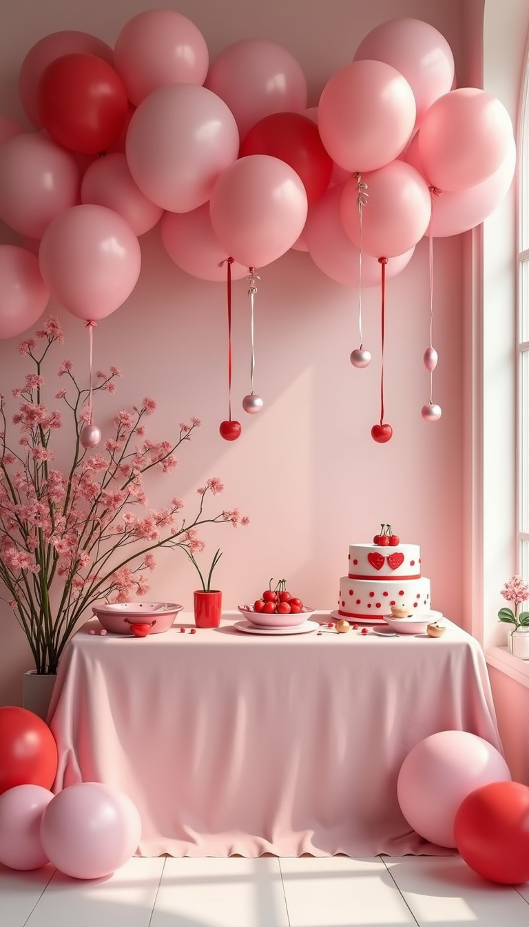 A vibrant and charming baby shower scene featuring cherry-themed decorations. Pink and red balloons, cherry motifs on tableware, and a beautifully decorated cake with cherry toppers are showcased. Soft pastel colors create a warm and inviting atmosphere, with smiling guests enjoying the celebration in a decorated party space.