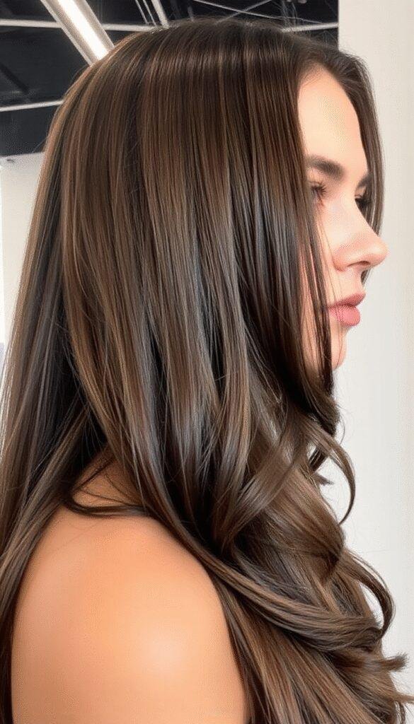 A close-up of a brunette woman showcasing a variety of cute money piece hairstyles, including braided accents, side curls, and textured layers, set against a bright, softly blurred background with warm lighting, highlighting the detail and texture of each style.