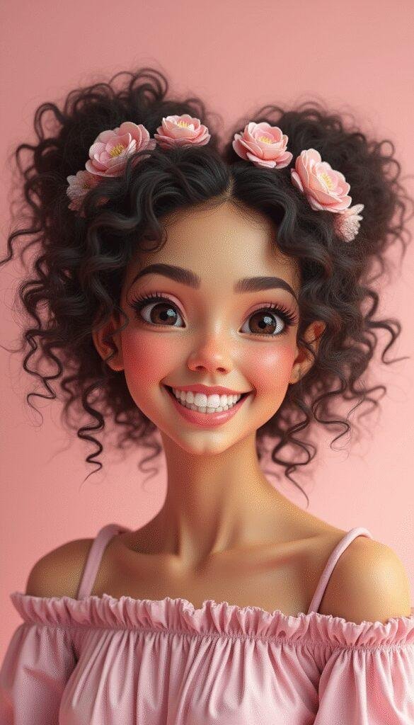 A vibrant, cheerful young woman with voluminous, natural curly hair styled in a playful spring-inspired hairstyle, adorned with small floral accessories, against a bright pastel background. The image captures the lively, fresh essence of spring with a focus on her textured curls and joyful expression.