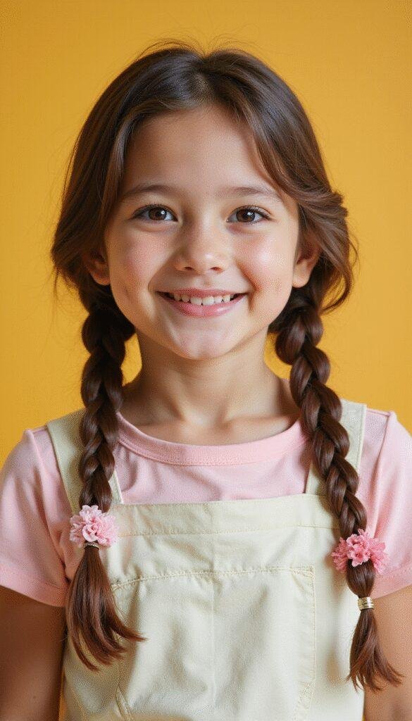 A young girl with long, shiny hair styled in a cute side braid with colorful hair accessories, smiling happily against a soft pastel background.