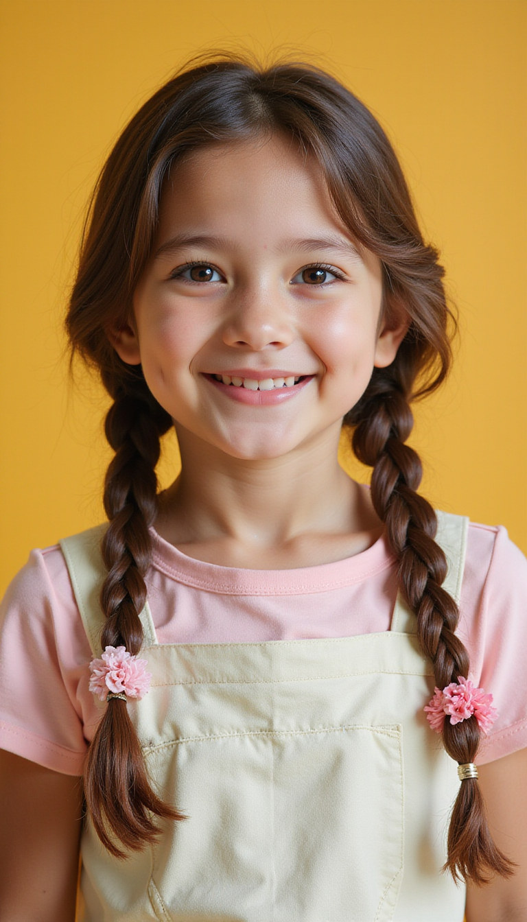 A young girl with long, shiny hair styled in a cute side braid with colorful hair accessories, smiling happily against a soft pastel background.