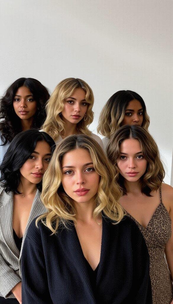 A high-resolution image showcasing a diverse group of women with dark blonde hairstyles, including beach waves, sleek bobs, and layered cuts, styled beautifully with natural lighting against a minimalist background.