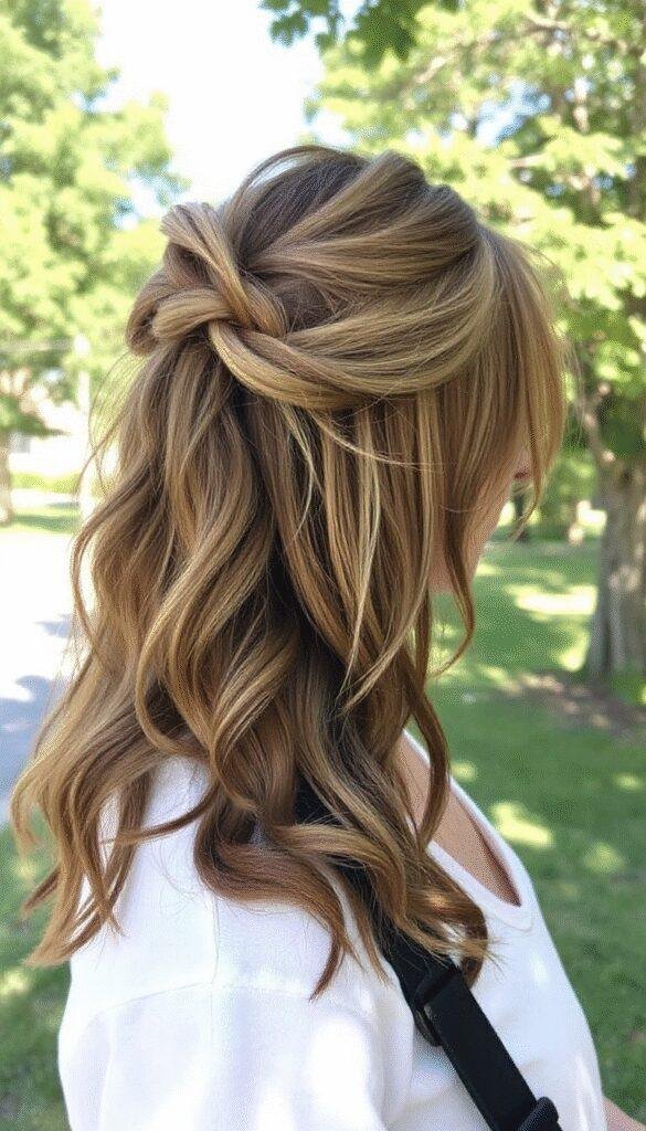 A vibrant image showcasing a woman with long, wavy hair styled into a braided updo, set against a bright summer background with sunlight filtering through. The hairstyle is neat yet casual, perfect for summer occasions, with a cheerful and fresh vibe.