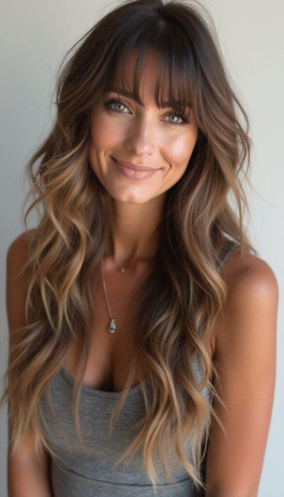 A woman with long, flowing layered hair featuring soft side bangs, styled in loose waves against a bright, neutral background. The hairstyle emphasizes volume and movement, showcasing a modern, effortless look suitable for everyday wear.