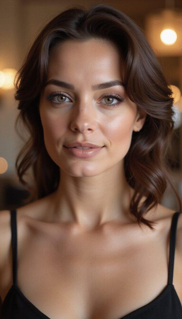 A close-up of a sophisticated woman with medium-length, glossy hair styled into an elegant chignon and soft waves, set against a blurred formal event backdrop, showcasing refined hair artistry and attention to detail.