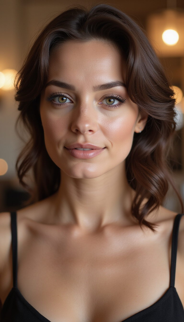 A close-up of a sophisticated woman with medium-length, glossy hair styled into an elegant chignon and soft waves, set against a blurred formal event backdrop, showcasing refined hair artistry and attention to detail.