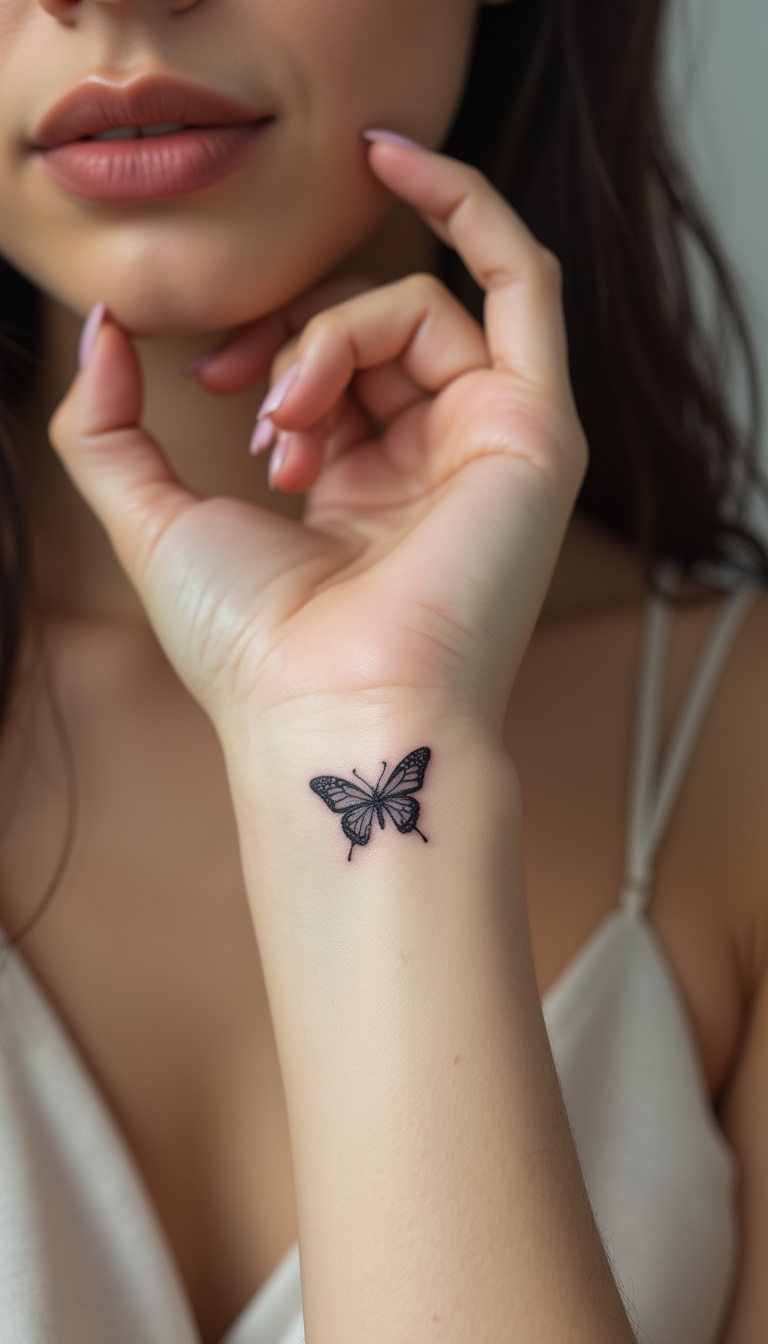 A close-up of a person's wrist adorned with a small dainty tattoo of a delicate butterfly in black ink, minimalistic style, against a soft blurred background emphasizing the tattoo's fine lines and subtlety.