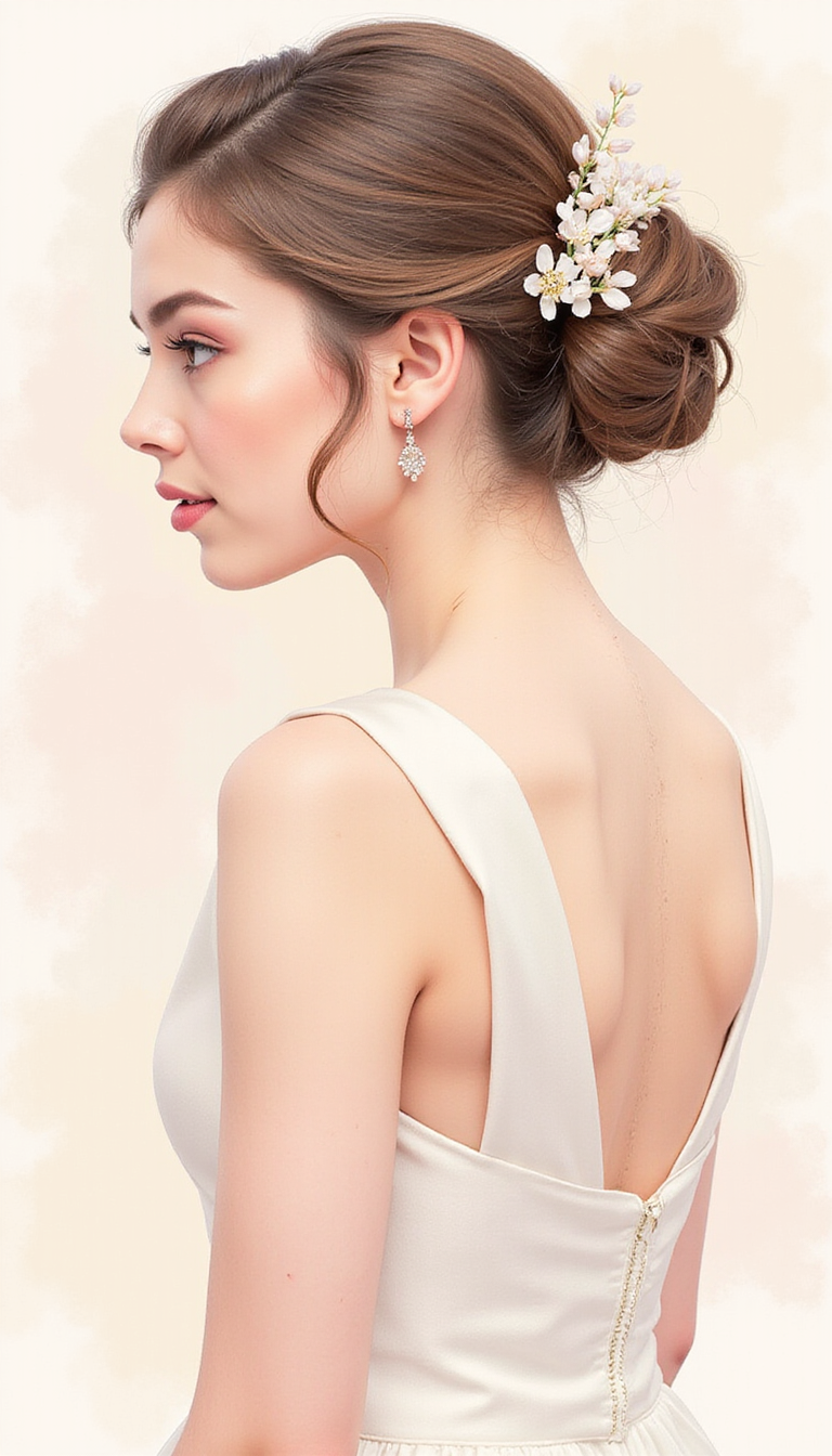 A bride with a perfectly styled bridal bun hairstyle, featuring an elegant, sleek bun adorned with delicate floral accessories, set against a soft, pastel background. The image captures the refined texture and intricate details of the bridal updo, highlighting its sophistication and timeless charm.