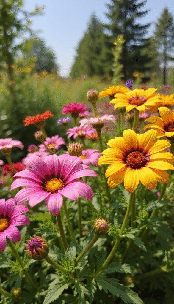 A vibrant garden bed showcasing ten varieties of fast-growing flowers in full bloom, each with colorful petals, lush green leaves, and healthy stems, arranged in an aesthetically pleasing manner under bright sunlight, emphasizing the ease of planting from seed.