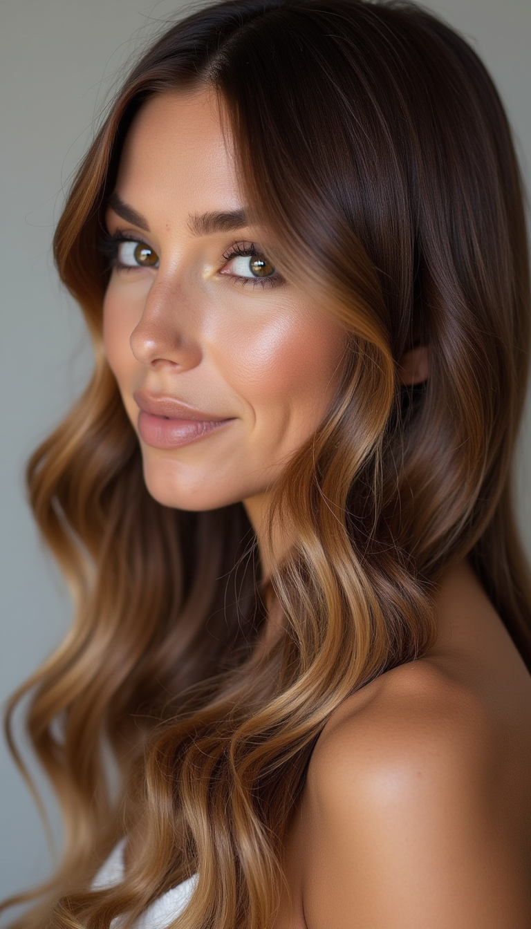 A close-up shot showcasing beautifully layered brown hair with subtle caramel and honey balayage highlights, perfectly framing the face. The hair has a soft, shiny texture, with light reflecting off the delicate highlights, emphasizing dimension and depth. The background is blurred to keep focus on the hair’s rich tones and intricate styling, conveying a sense of elegance and vibrancy.