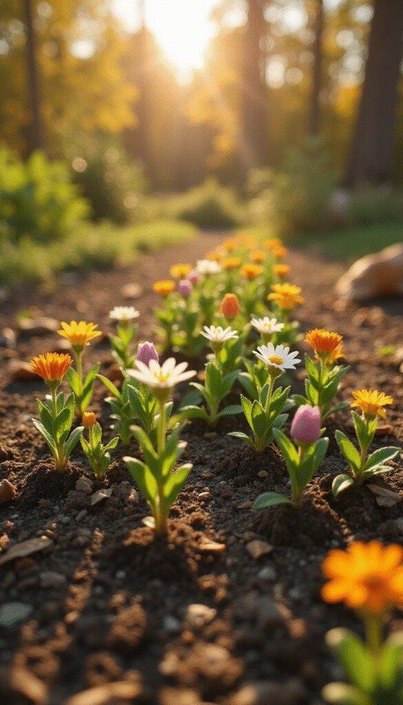 A vibrant garden scene featuring a variety of flower seedlings emerging from soil in autumn. The image showcases different flowering plants in lush green beds, with sunlight casting warm tones over the scene, highlighting the diversity of flower varieties ready to flourish in fall.