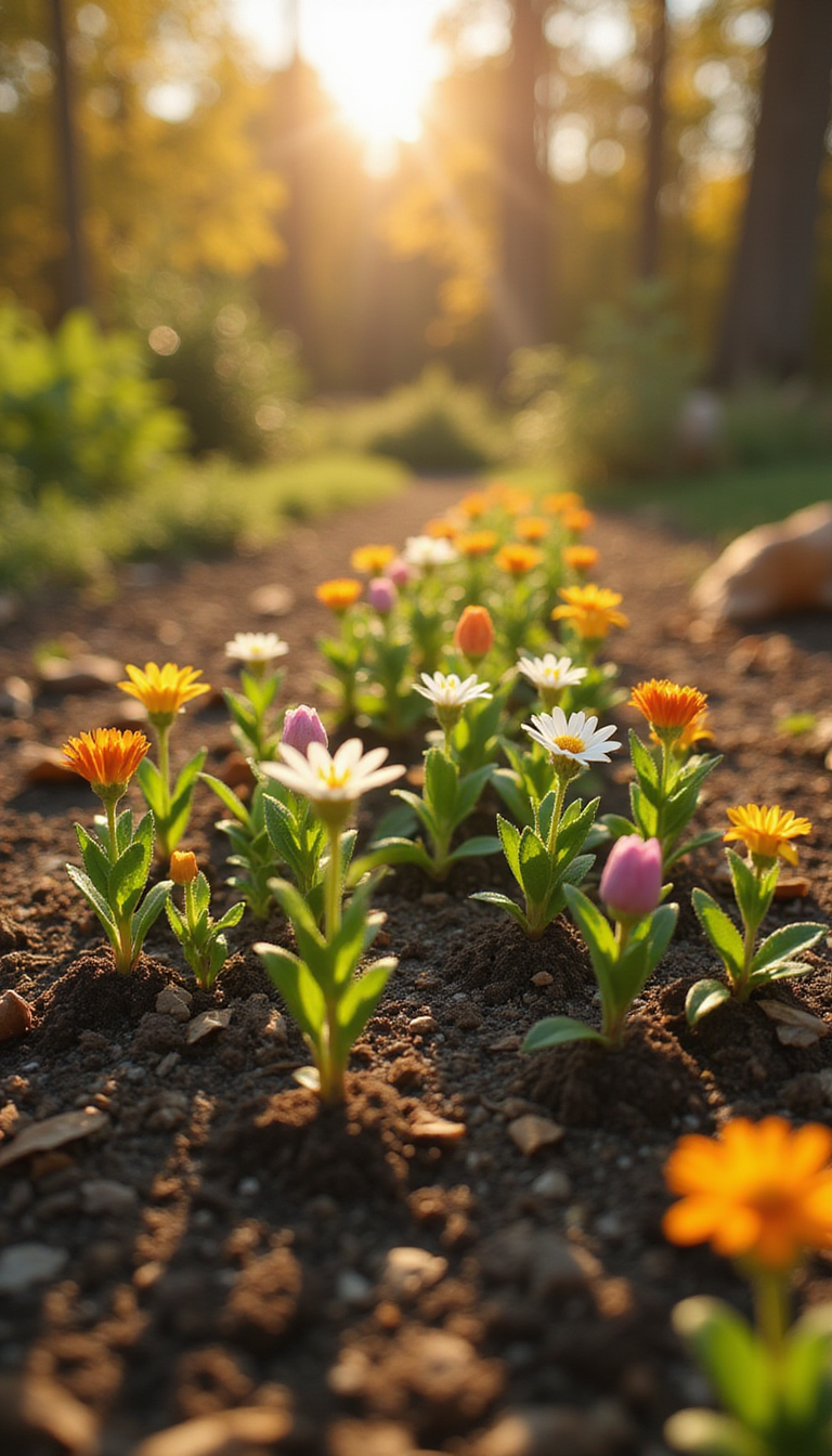 A vibrant garden scene featuring a variety of flower seedlings emerging from soil in autumn. The image showcases different flowering plants in lush green beds, with sunlight casting warm tones over the scene, highlighting the diversity of flower varieties ready to flourish in fall.