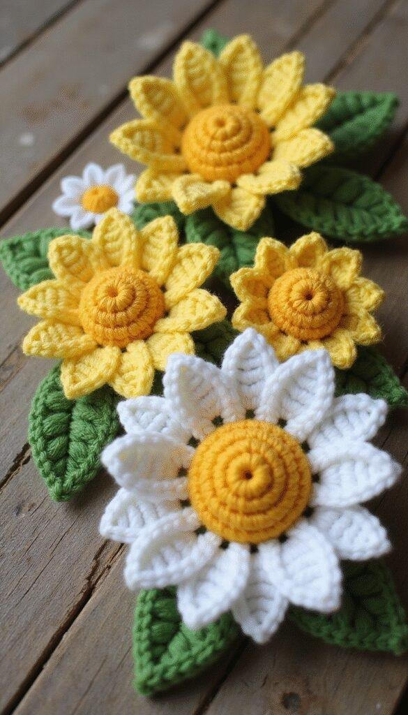 A close-up of vibrant crochet daisies in various shades of yellow, white, and green with detailed petal textures, arranged artfully on a rustic wooden surface, showcasing intricate craftsmanship and colorful floral motifs.