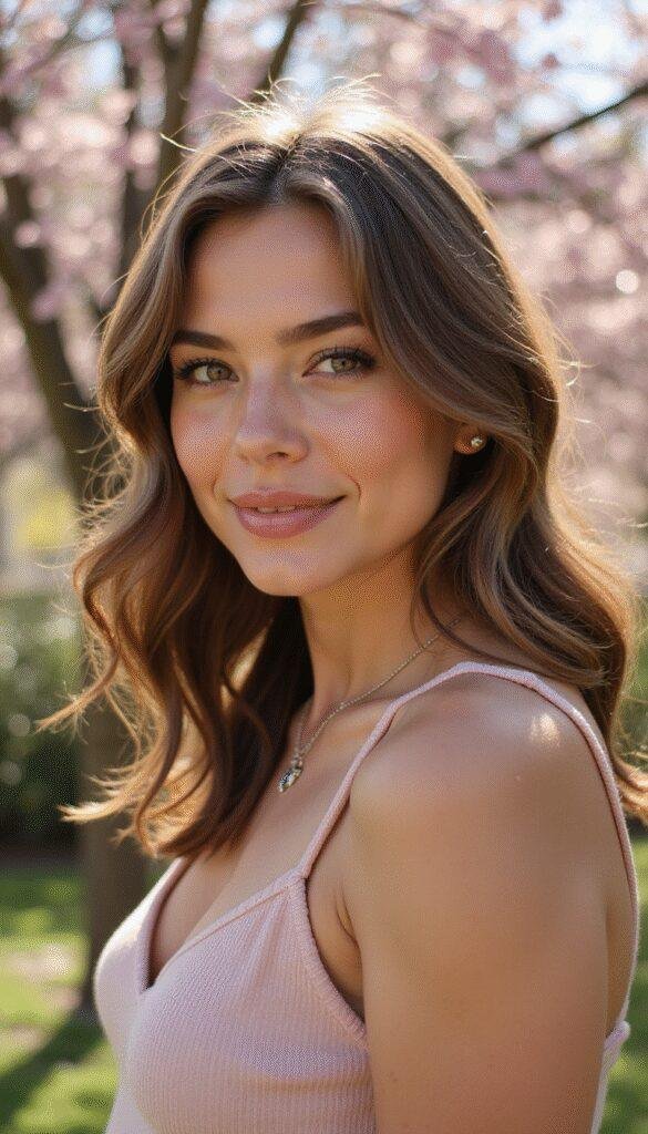 A vibrant image showcasing a woman with medium-length hair styled in a trendy spring haircut, soft waves with sun-kissed highlights, set against a bright spring garden backdrop with blooming flowers and greenery, capturing a fresh, lively, and fashionable look.