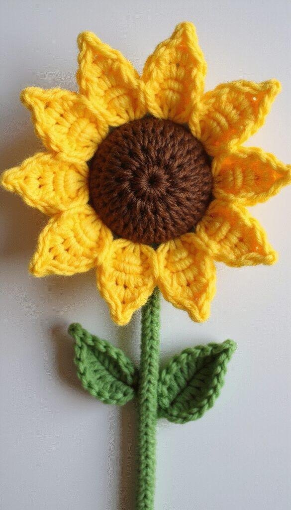 A vibrant crochet sunflower project featuring a large, bright yellow sunflower with detailed petals and a textured brown center, displayed on a neutral fabric background, showcasing intricate stitching and a cheerful, sunny aesthetic.