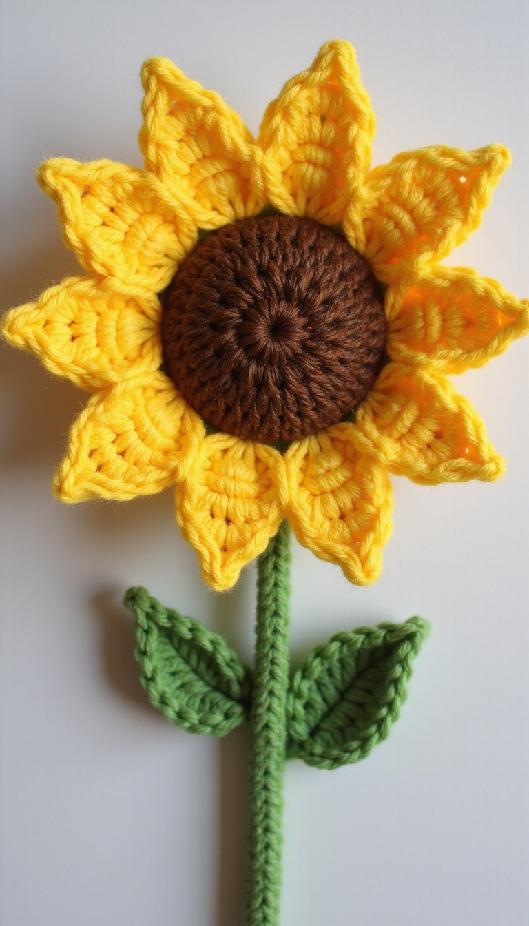 A vibrant crochet sunflower project featuring a large, bright yellow sunflower with detailed petals and a textured brown center, displayed on a neutral fabric background, showcasing intricate stitching and a cheerful, sunny aesthetic.