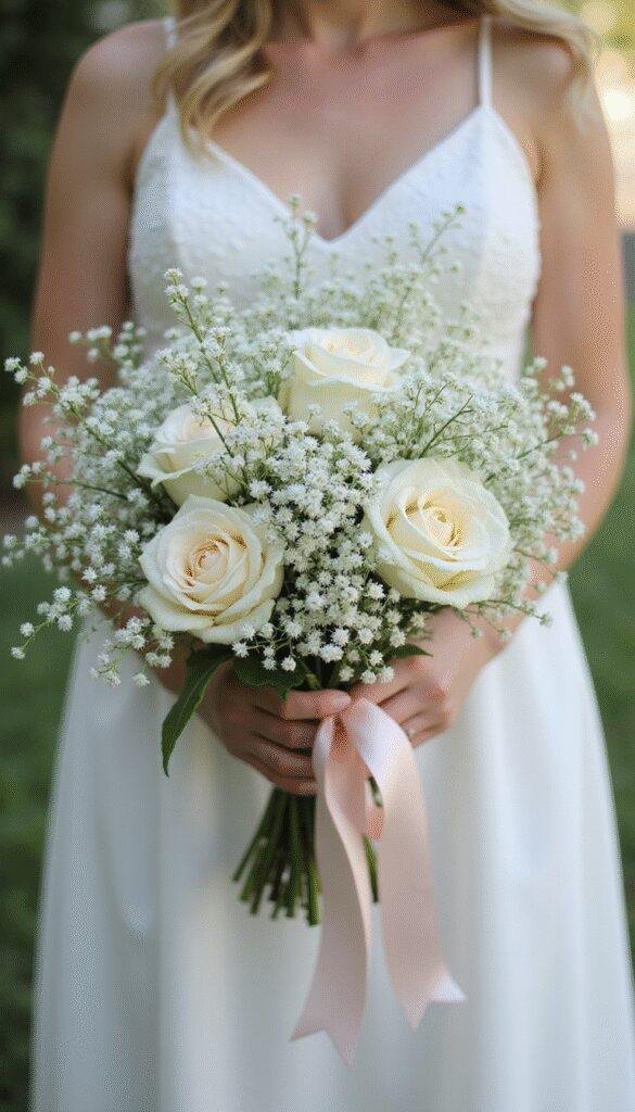 A close-up of a delicate wedding bouquet featuring white Baby's Breath flowers, accented with lush greenery and soft pastel ribbons, set against a blurred garden background. The bouquet has a romantic and airy feel, emphasizing the intricate clusters of tiny white flowers and the gentle, natural beauty of the arrangement.