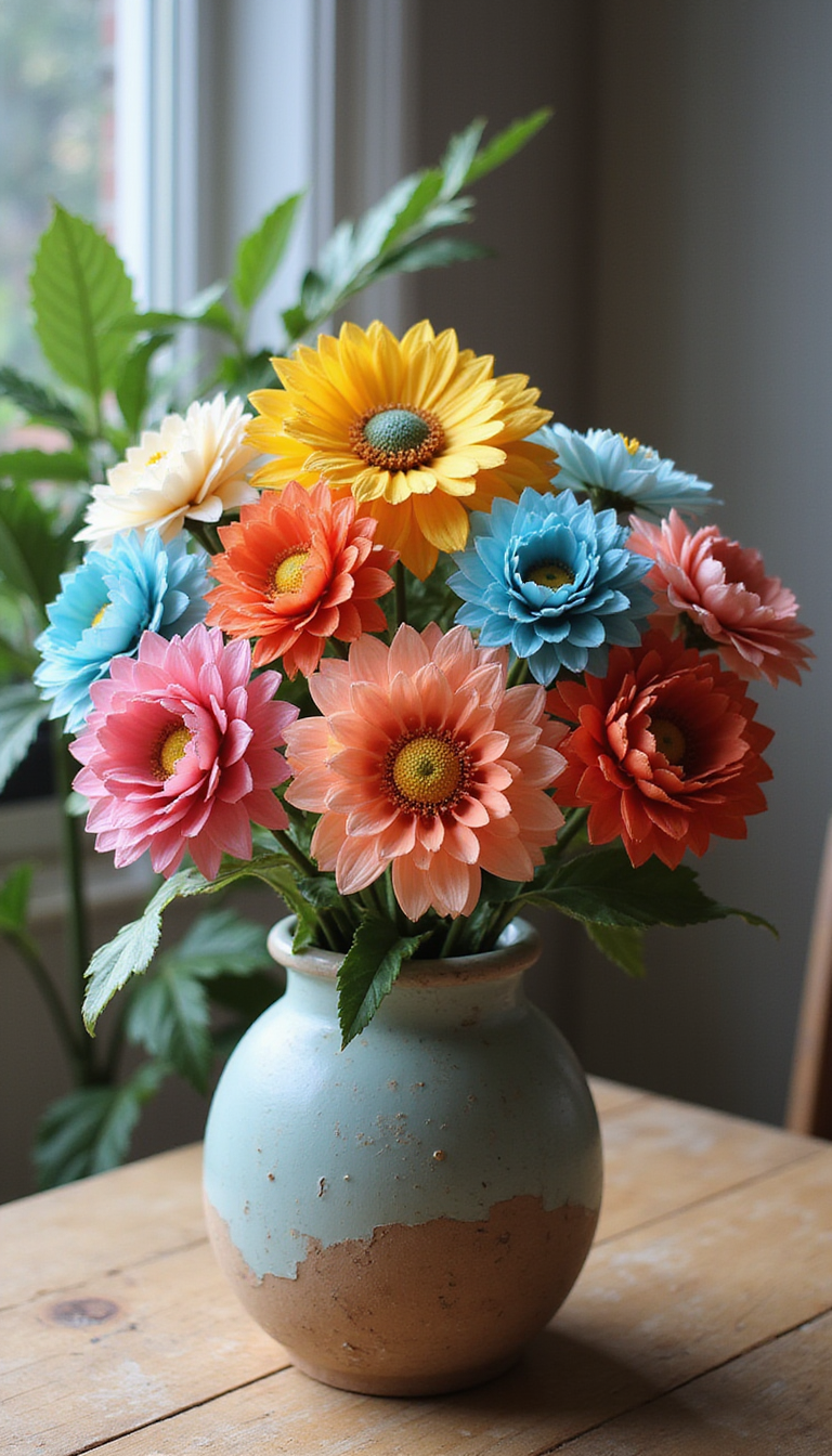 A vibrant arrangement of colorful DIY paper flowers, including roses, daisies, and peonies, arranged in a rustic vase on a wooden table with natural lighting highlighting their intricate details.