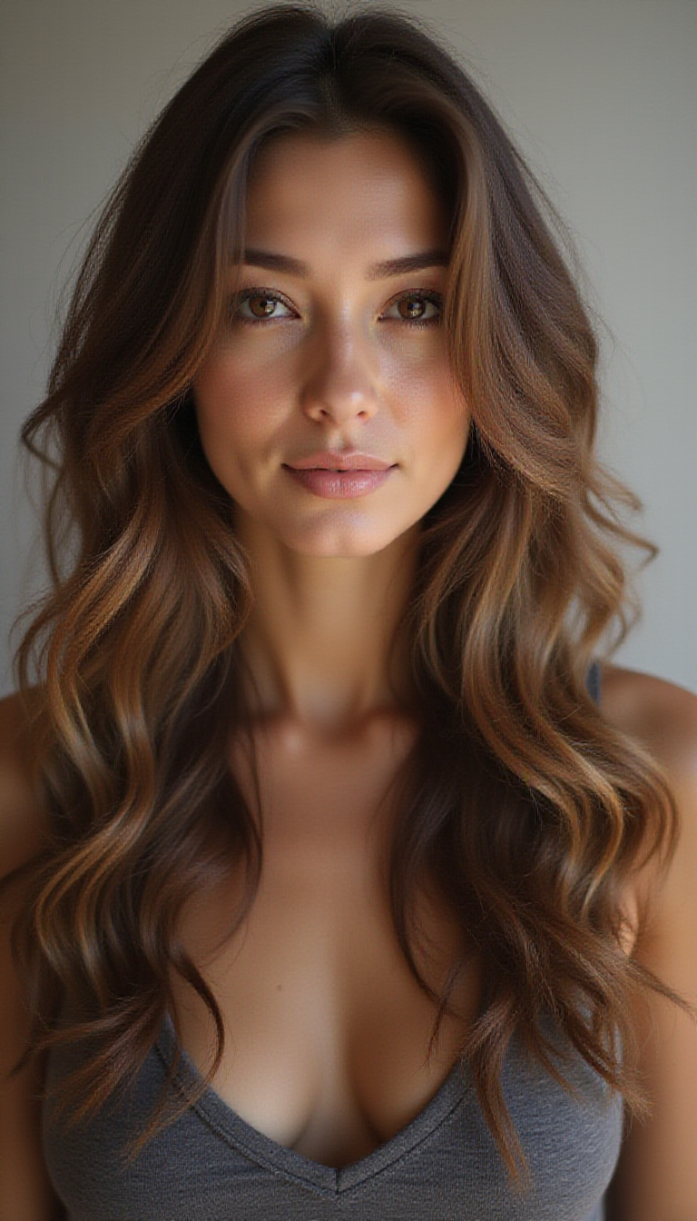 A high-resolution image showcasing a woman with long, flowing layered hair styled with soft waves. The hair features a natural gradient from dark brown at the roots to sun-kissed blonde tips, set against a neutral, blurred background that highlights the hair's texture and movement. The lighting emphasizes the shine and health of the hair, creating a polished, editorial feel perfect for fashion or beauty inspiration.