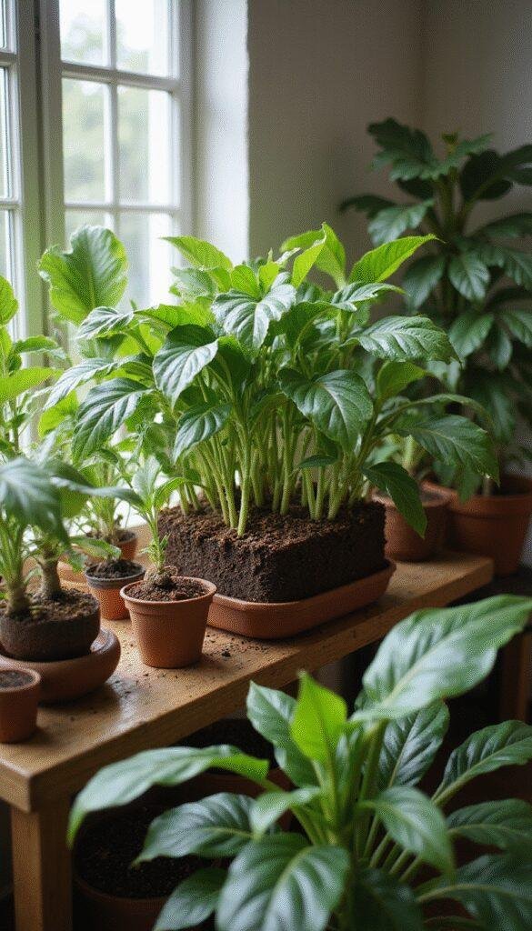 A lush collection of indoor plants sitting on a wooden shelf, each thriving with rich coffee grounds visible in the soil. The plants vary in size and leaf shape, from broad-leafed monstera to delicate ferns, set against a cozy, well-lit room with natural sunlight streaming through a window.