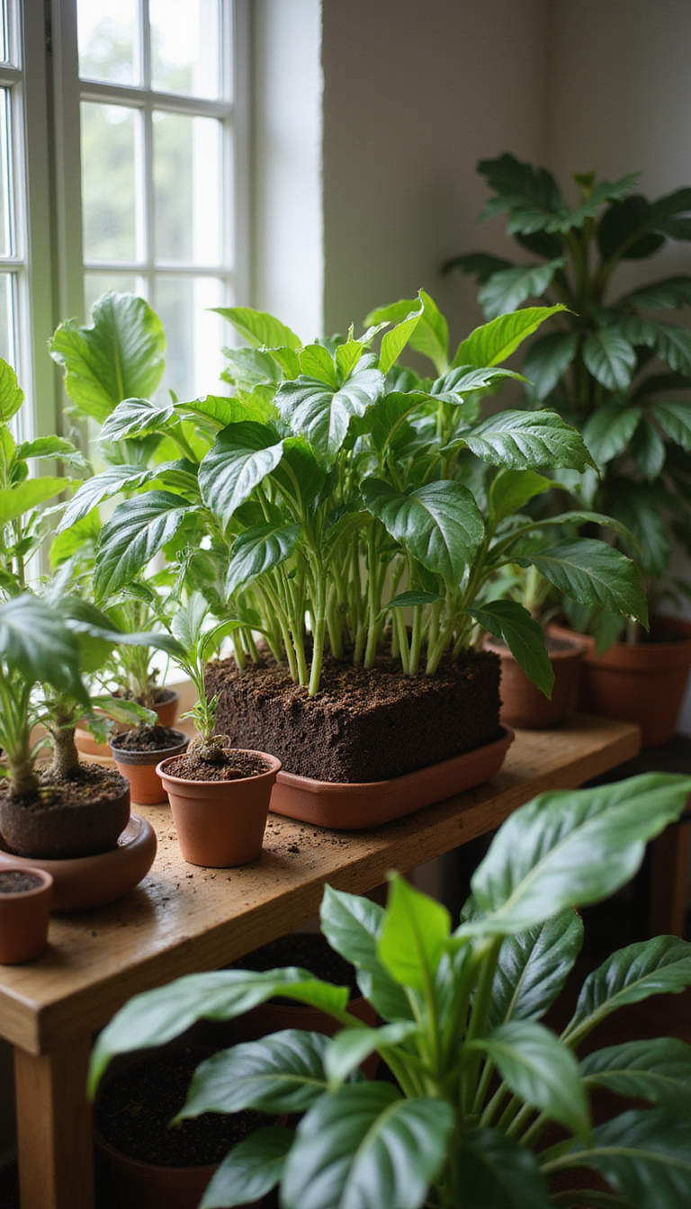 A lush collection of indoor plants sitting on a wooden shelf, each thriving with rich coffee grounds visible in the soil. The plants vary in size and leaf shape, from broad-leafed monstera to delicate ferns, set against a cozy, well-lit room with natural sunlight streaming through a window.