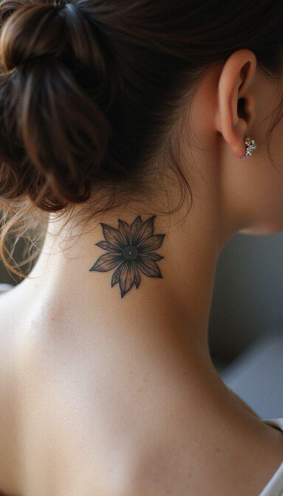 A close-up of a delicate behind-the-ear tattoo featuring fine black ink floral design on a person's smooth skin. The background is softly blurred, emphasizing the tattoo's intricate lines and minimalist style.