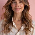 A close-up of a woman with smooth, brunette hair featuring subtle balayage highlights that blend seamlessly from dark roots to caramel ends, set against a soft pastel background. The lighting emphasizes the natural shine and dimension of her hair, capturing the effortless elegance of low-maintenance balayage styling.
