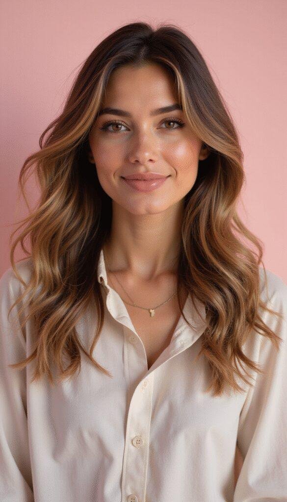 A close-up of a woman with smooth, brunette hair featuring subtle balayage highlights that blend seamlessly from dark roots to caramel ends, set against a soft pastel background. The lighting emphasizes the natural shine and dimension of her hair, capturing the effortless elegance of low-maintenance balayage styling.