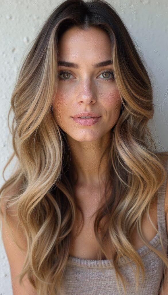 A close-up of a woman's head showcasing dark blonde balayage hair with sun-kissed highlights, styled in soft waves, set against a neutral background.