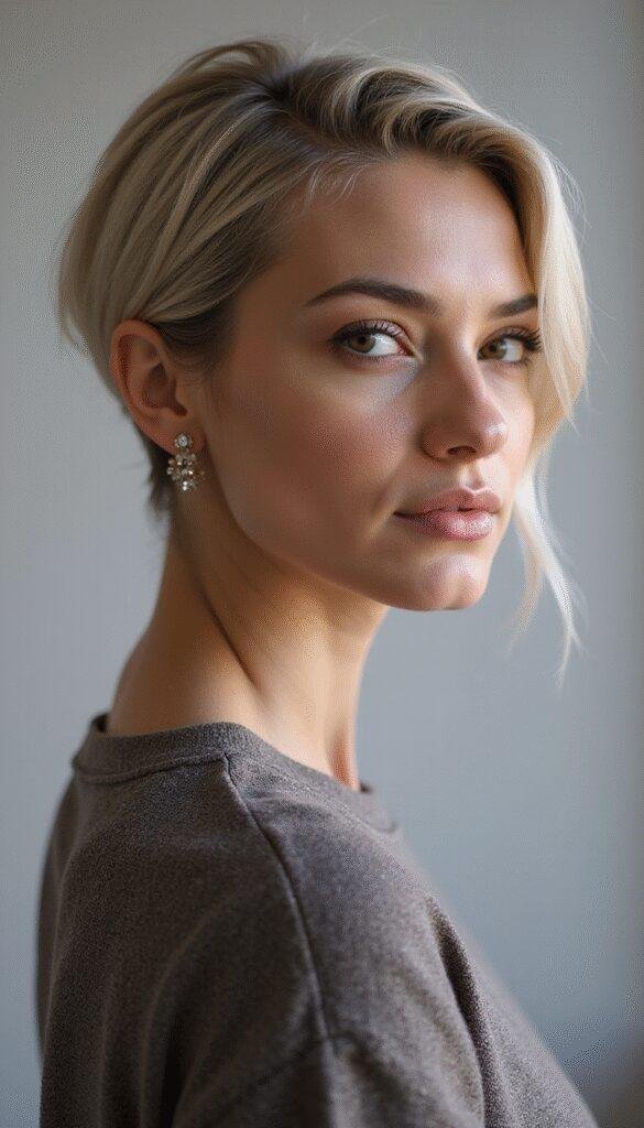 A close-up of a modern hush cut hairstyle featuring sleek layers and textured ends on a fashionable model with soft lighting, highlighting the trendy and stylish look.