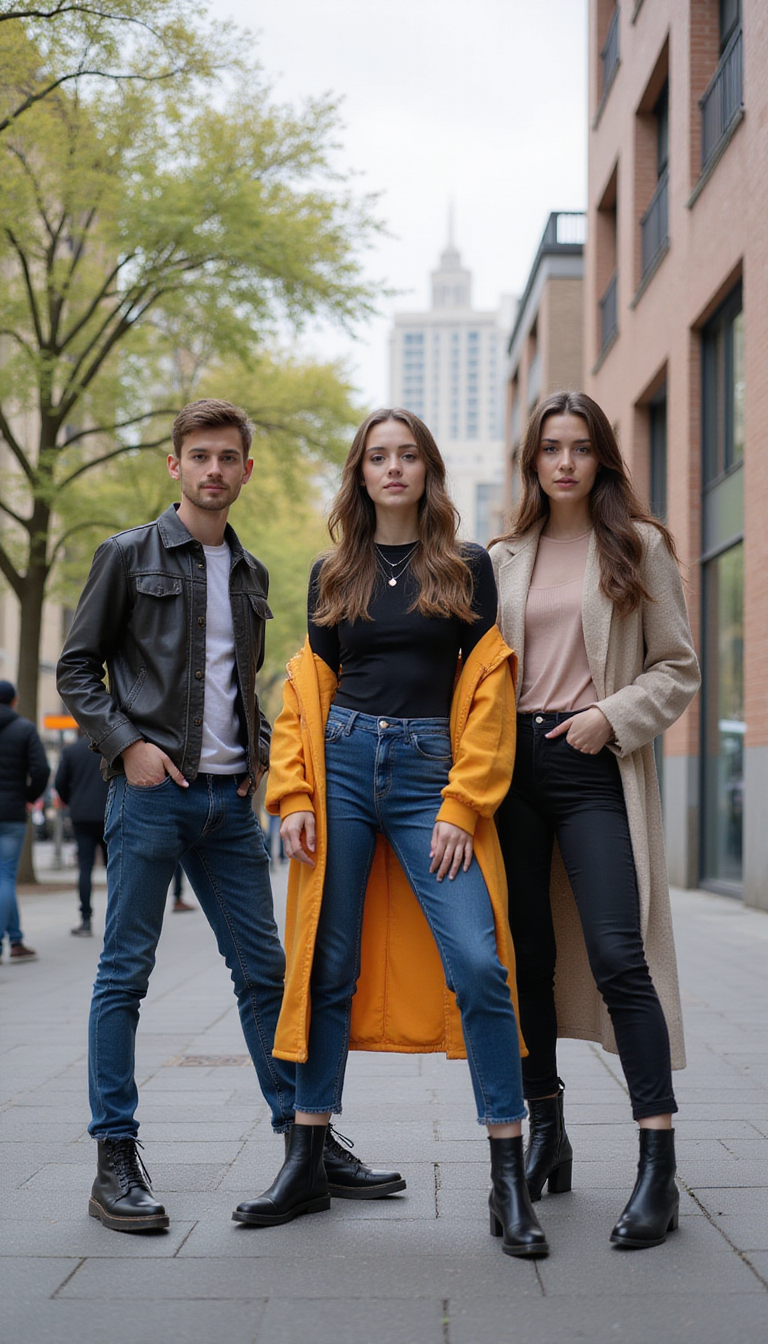 A diverse group of young adults showcasing trendy outfits outdoors in an urban setting. They wear stylish, vibrant apparel including casual chic, sporty, and streetwear looks, posed confidently with modern city architecture in the background. The scene is brightly lit with natural sunlight, exuding a fashionable and inspiring atmosphere.