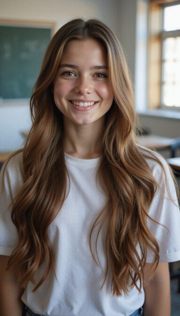 A young girl with long, shiny brown hair styled in a sleek high ponytail with a colorful scrunchie, smiling confidently against a bright, cheerful classroom background.