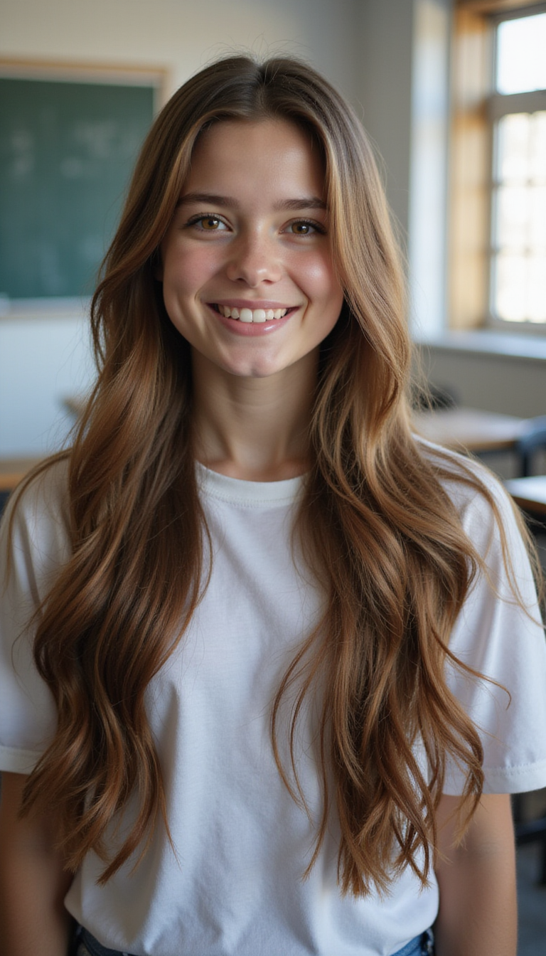 A young girl with long, shiny brown hair styled in a sleek high ponytail with a colorful scrunchie, smiling confidently against a bright, cheerful classroom background.