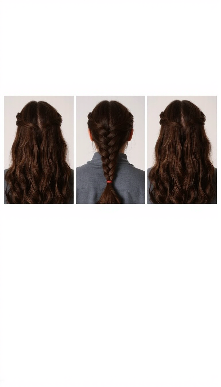 A close-up of a woman with long, smooth hair showcasing three different braided hairstyles: a fishtail braid, a classic three-strand braid, and a Dutch braid, with soft natural lighting and a neutral background