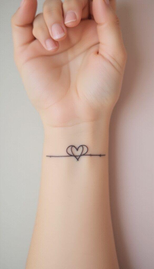 A close-up of a woman's wrist with a delicate, minimalist black ink tattoo of a tiny geometric heart, set against a soft pastel background, emphasizing elegance and subtlety.