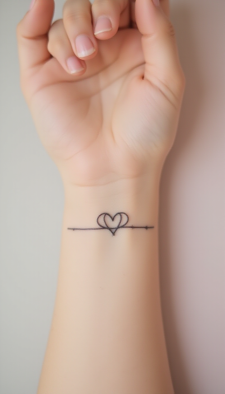 A close-up of a woman's wrist with a delicate, minimalist black ink tattoo of a tiny geometric heart, set against a soft pastel background, emphasizing elegance and subtlety.