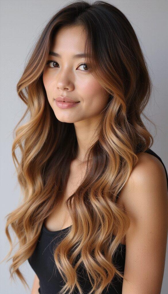 A close-up of a woman with smooth, flowing hair styled in a caramel balayage with honey highlights, showcasing a seamless gradient effect from darker roots to lighter ends, set against a soft, neutral background with natural lighting