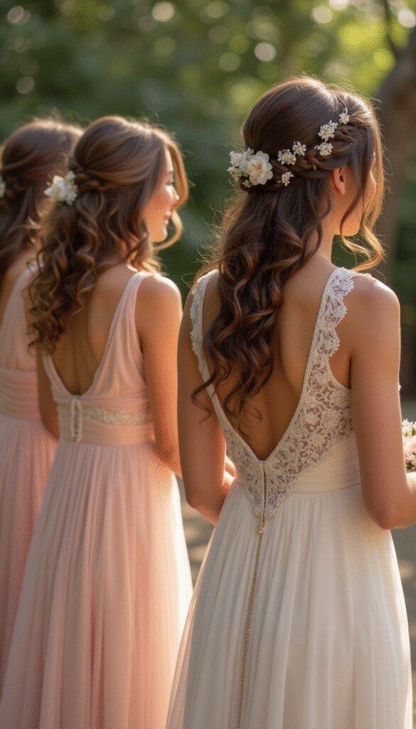 A diverse group of bridesmaids with elegantly styled curly hairstyles, adorned with delicate hair accessories, smiling and standing together in a softly lit bridal setting.