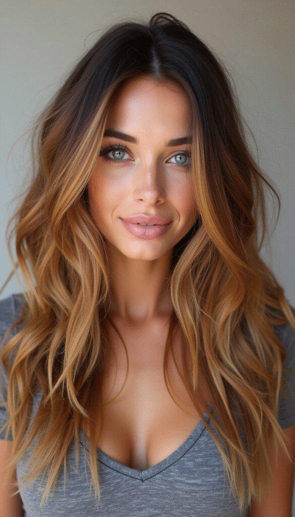 A close-up of a woman's hair showcasing a balayage technique with seamlessly blended caramel and honey tones, styled in soft waves that highlight the layered cut. The hair appears glossy and healthy, with natural light reflecting off the smooth, multi-dimensional strands, set against a neutral, blurred background that emphasizes the rich color transition.