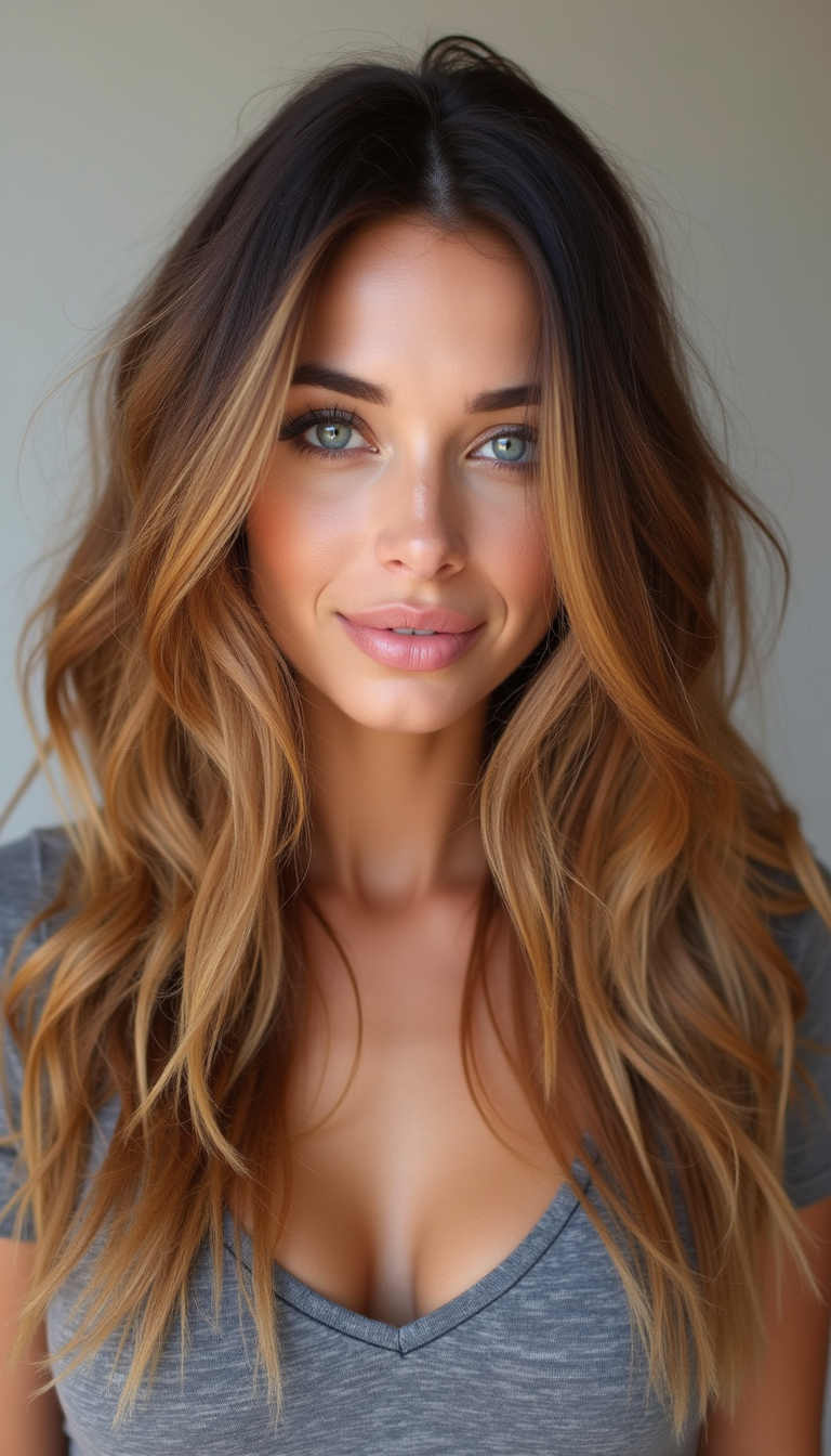 A close-up of a woman's hair showcasing a balayage technique with seamlessly blended caramel and honey tones, styled in soft waves that highlight the layered cut. The hair appears glossy and healthy, with natural light reflecting off the smooth, multi-dimensional strands, set against a neutral, blurred background that emphasizes the rich color transition.