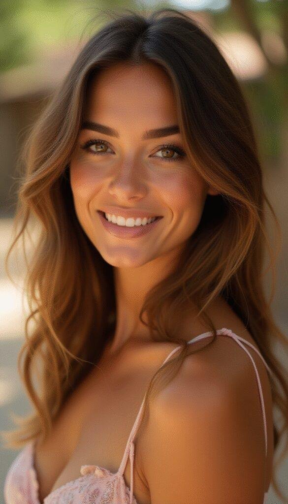 A close-up of a brunette woman with sun-kissed balayage highlights, soft waves cascading over her shoulders, set against a bright, natural outdoor backdrop. The warm, golden tones of her hair catch the sunlight, emphasizing the natural glow and dimension, with a relaxed, carefree vibe.
