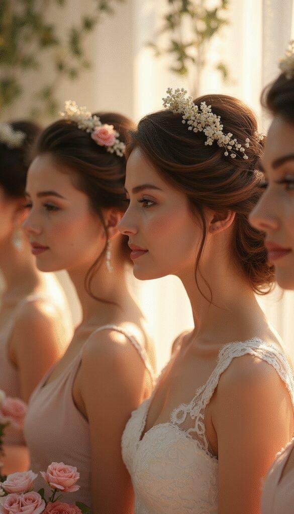 A close-up of a bride and bridesmaids showcasing intricate updo hairstyles with soft curls and floral accessories, set against a romantic bridal backdrop with warm lighting